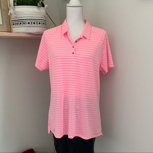 Adidas Pink and White Stripe Cooling Gold Polo